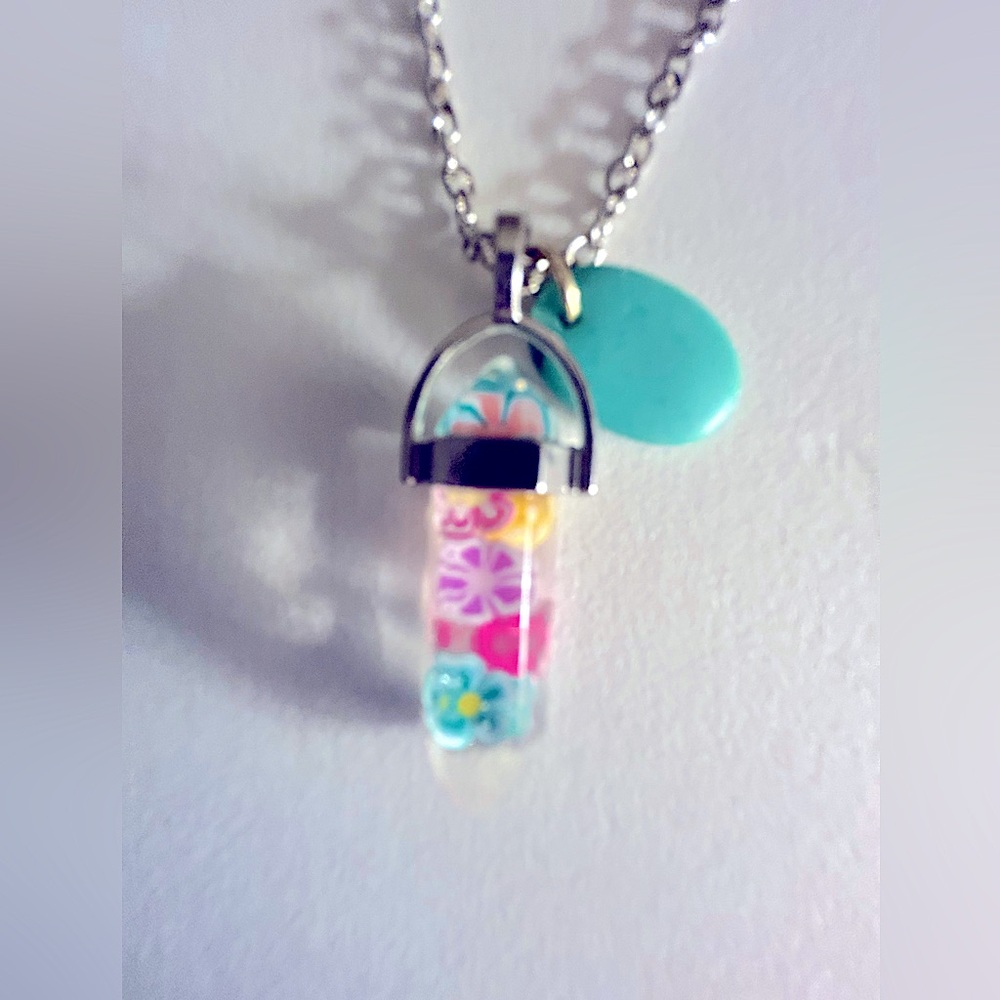 ❌Not for sale Gift mm Pastel flowers, Acrylic Point Pendant, Turquoise 18” chain